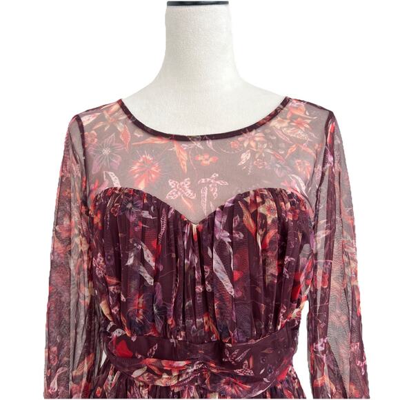 Candalite Midi Dress Womens Medium Burgundy Floral Mesh Overlay Sheer Sleeves - Picture 8 of 11